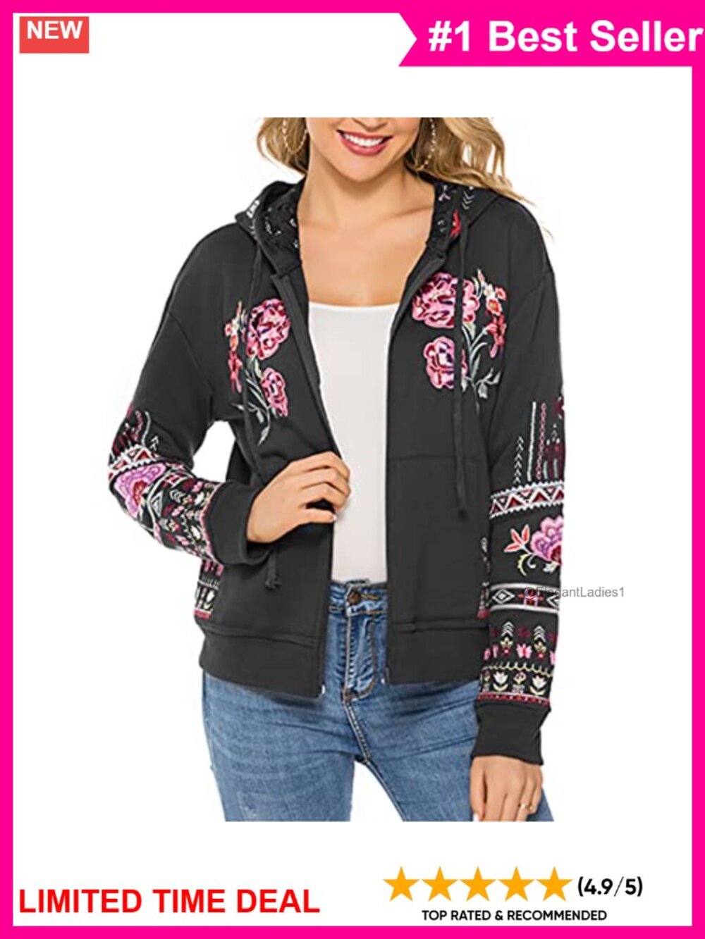 Floral Embroidered Zip Hoodie Jacket Long Sleeve Cotton Polyester Fall Winter
